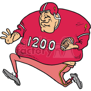 The clipart image features a caricature of an American football player. He is shown with a determined expression on his face, running with a football tucked under his arm. The player is wearing a red jersey with the number 1200 on it, a red helmet with a lightning bolt design, and cleats. The player appears muscular and is depicted in mid-stride, indicating motion.