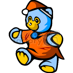 Blue teddy bear wearing red pajamas and hat