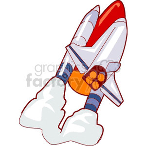 A clipart image of a space shuttle launching with bright flames and smoke.