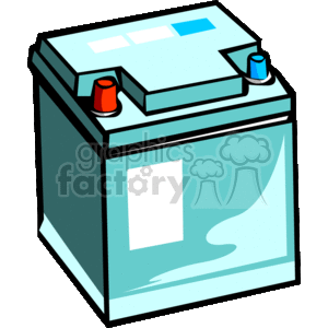   The clipart image displays a stylized illustration of a car battery. The battery is depicted with positive (marked with red) and negative (marked with blue) terminals on the top, which are typically used to connect the battery to a vehicle