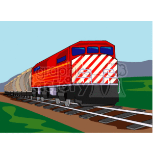 This clipart image depicts a red locomotive pulling a series of beige freight wagons on train tracks. The setting suggests the train is moving through a rural or countryside area with green fields and a series of hills or low mountains in the background.