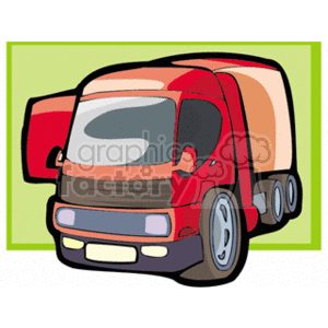 The clipart image depicts a stylized semi truck or tractor trailer. The truck is primarily red with accents in different colors. It is a cartoonish representation of a large truck, typically used for the transportation of goods over land. The truck appears to be set against a light green background with a greenish-yellow border.