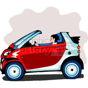 The clipart image depicts a small compact convertible car, seemingly designed for city use given its small size. It is red with a blue rear section and is stylized as a two-seater with the top down, showing a person driving the vehicle. It could be representative of a hybrid or an eco-friendly car, although specific details confirming its powertrain are not visible.