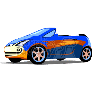 The clipart image features a stylized blue convertible car with orange detailing. It showcases the vehicle's profile view, highlighting design elements like the wheels, headlights, and sleek body shape typical of a sporty convertible.