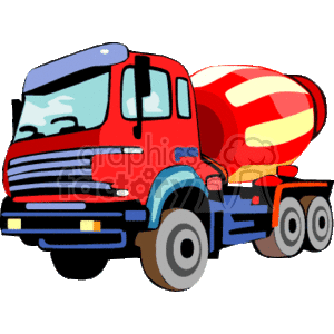 The clipart image depicts a colorful cement mixer truck, which is a piece of heavy equipment used in construction. The truck has a large rotating drum on its back, which is typically used to mix and transport concrete to construction sites.