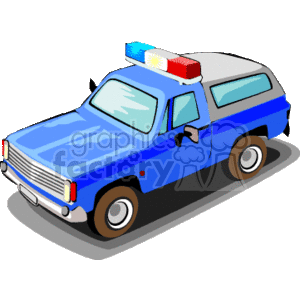The clipart image features a blue, 4x4 truck that resembles a police vehicle with red and blue emergency lights on the roof. It has the general shape and characteristics of trucks typically branded as a Bronco or Ranger, which are often associated with rugged, off-road capabilities.