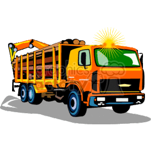 This image features a colorful clipart illustration of a large dump truck, typically used in construction for transporting heavy loads such as soil, gravel, or demolition waste. The truck is depicted with the dump box raised, suggesting it is in the process of unloading its cargo. The truck has multiple axles and large heavy-duty tires to handle the weight of the materials it carries. There is a beacon light on top of the cabin, signaling that it's operating in a work zone or on active duty.