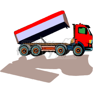 The clipart image depicts a dump truck, a piece of heavy equipment commonly used in construction. The truck's bed is tilted, unloading material, indicative of its function in transportation and land development activities.