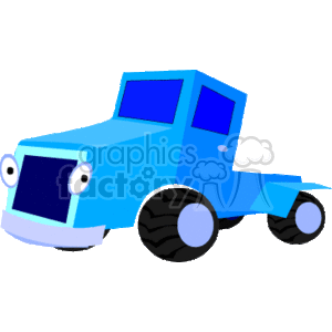 The image is a simple, stylized representation of a blue construction truck. The truck is depicted with a prominent front cab with windows and a basic body that could be interpreted as part of a dump truck or other heavy equipment vehicle used in construction. The wheels are large and black, indicative of the heavy-duty nature of construction trucks.