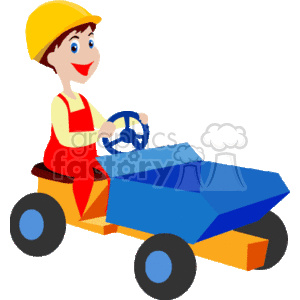   The clipart image features an animated character driving a simplified representation of a construction dumper or dump truck. The character is wearing a hard hat and construction attire, suggesting they are a construction worker. The vehicle appears stylized and is likely intended for educational or entertainment purposes, such as in a children