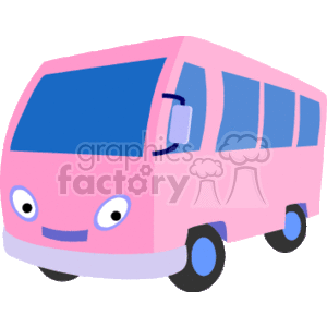   The image is a cartoon style clipart of a pink van or small bus. It has a whimsical appearance with eyes on the windshield, giving it an anthropomorphic quality, which often appeals to children. The van