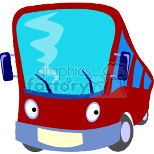   The clipart image features a red cartoon-style bus. The bus has an anthropomorphic face on the front, with two eyes and a smiling mouth, giving it a friendly and funny appearance. The windows of the bus resemble its eyes, and the bus