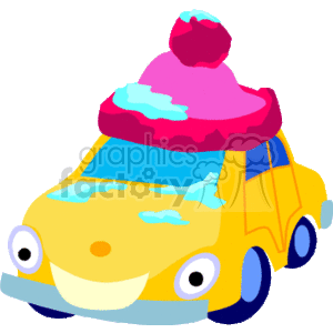   The clipart image depicts a cheerful yellow car wearing a pink knitted winter hat with a pom-pom on top. The car has blue accents on its tires and a friendly expression. There are patches of snow and ice on the car