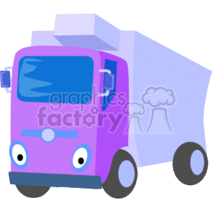   The clipart image depicts a stylized purple construction dump truck. It has a cab with visible headlights and windshield, and a large dumping box behind for transporting materials. It