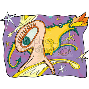 Colorful and abstract clipart image featuring elements related to star signs and horoscopes, including stars, planets, and mythical creatures.