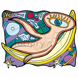 A surrealistic clipart image depicting an abstract figure with an eye, floating on a crescent moon surrounded by various celestial and symbolic elements like stars, a planet, and colorful shapes.