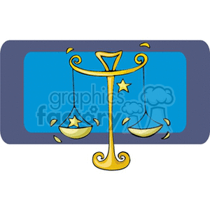 Clipart illustration of a stylized Libra symbol with a gold balance scale and stars on a blue background.