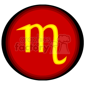   The clipart image features the symbol of Scorpio, one of the twelve astrological zodiac signs. It is presented as a yellow Scorpio glyph on a red circular background with a black border. 