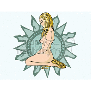 Clipart image depicting a stylized representation of the Virgo star sign. The image features a nude woman with long blonde hair in a kneeling position, set against a decorative background with a sun-like design.