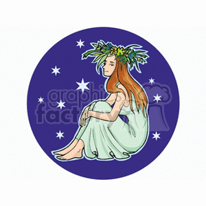 Clipart image of a Virgo zodiac sign representation, featuring a woman with long hair and a floral crown, sitting against a starry night sky background.