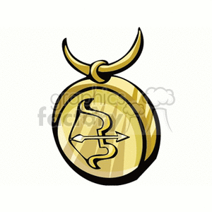 Clipart image of a gold-colored necklace pendant depicting the Sagittarius zodiac sign, represented by an archer's bow and arrow.