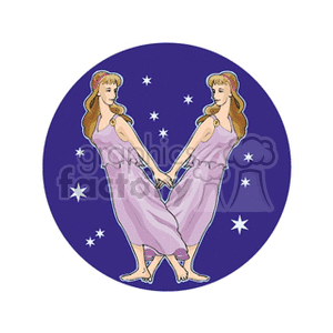 Clipart image depicting the Gemini zodiac sign with two identical women holding hands, surrounded by stars.