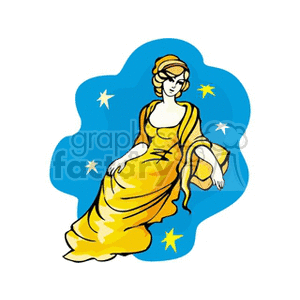Clipart image of a woman in a yellow dress surrounded by stars, representing the Virgo zodiac sign.