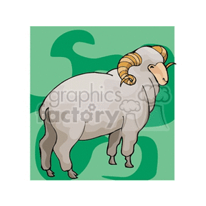 Clipart image of an Aries zodiac sign symbolized by a ram with large curled horns, set against a green background.