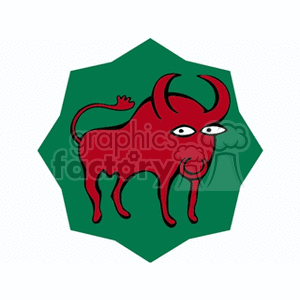 Clipart image depicting a red bull on a green, star-shaped background, representing the Taurus zodiac sign.