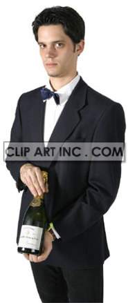 Clipart image of a man in a formal suit holding a bottle of champagne.