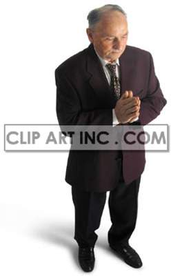 Clipart image of an elderly man in a suit with his hands clasped together.