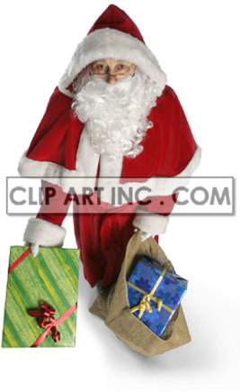 Illustration of Santa Claus holding gifts and a bag.