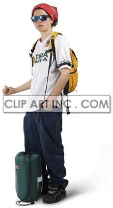 Young Hitchhiker with Backpack and Camping Gear