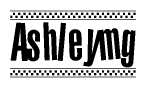 The image contains the text Ashleymg in a bold, stylized font, with a checkered flag pattern bordering the top and bottom of the text.
