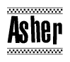 The image contains the text Asher in a bold, stylized font, with a checkered flag pattern bordering the top and bottom of the text.
