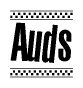 The image is a black and white clipart of the text Auds in a bold, italicized font. The text is bordered by a dotted line on the top and bottom, and there are checkered flags positioned at both ends of the text, usually associated with racing or finishing lines.