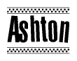 The clipart image displays the text Ashton in a bold, stylized font. It is enclosed in a rectangular border with a checkerboard pattern running below and above the text, similar to a finish line in racing. 