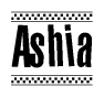 The clipart image displays the text Ashia in a bold, stylized font. It is enclosed in a rectangular border with a checkerboard pattern running below and above the text, similar to a finish line in racing. 