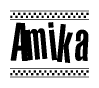 The image contains the text Amika in a bold, stylized font, with a checkered flag pattern bordering the top and bottom of the text.