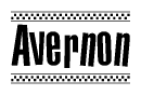 The image is a black and white clipart of the text Avernon in a bold, italicized font. The text is bordered by a dotted line on the top and bottom, and there are checkered flags positioned at both ends of the text, usually associated with racing or finishing lines.