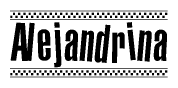The image is a black and white clipart of the text Alejandrina in a bold, italicized font. The text is bordered by a dotted line on the top and bottom, and there are checkered flags positioned at both ends of the text, usually associated with racing or finishing lines.