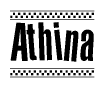 The clipart image displays the text Athina in a bold, stylized font. It is enclosed in a rectangular border with a checkerboard pattern running below and above the text, similar to a finish line in racing. 