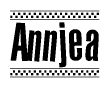   The image contains the text Annjea in a bold, stylized font, with a checkered flag pattern bordering the top and bottom of the text. 