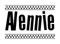 The image is a black and white clipart of the text Alennie in a bold, italicized font. The text is bordered by a dotted line on the top and bottom, and there are checkered flags positioned at both ends of the text, usually associated with racing or finishing lines.