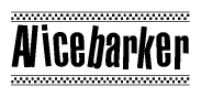The clipart image displays the text Alicebarker in a bold, stylized font. It is enclosed in a rectangular border with a checkerboard pattern running below and above the text, similar to a finish line in racing. 