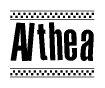 The image is a black and white clipart of the text Althea in a bold, italicized font. The text is bordered by a dotted line on the top and bottom, and there are checkered flags positioned at both ends of the text, usually associated with racing or finishing lines.