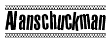 The image contains the text Alanschuckman in a bold, stylized font, with a checkered flag pattern bordering the top and bottom of the text.