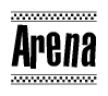 The image contains the text Arena in a bold, stylized font, with a checkered flag pattern bordering the top and bottom of the text.