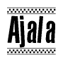 The clipart image displays the text Ajala in a bold, stylized font. It is enclosed in a rectangular border with a checkerboard pattern running below and above the text, similar to a finish line in racing. 