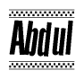The clipart image displays the text Abdul in a bold, stylized font. It is enclosed in a rectangular border with a checkerboard pattern running below and above the text, similar to a finish line in racing. 